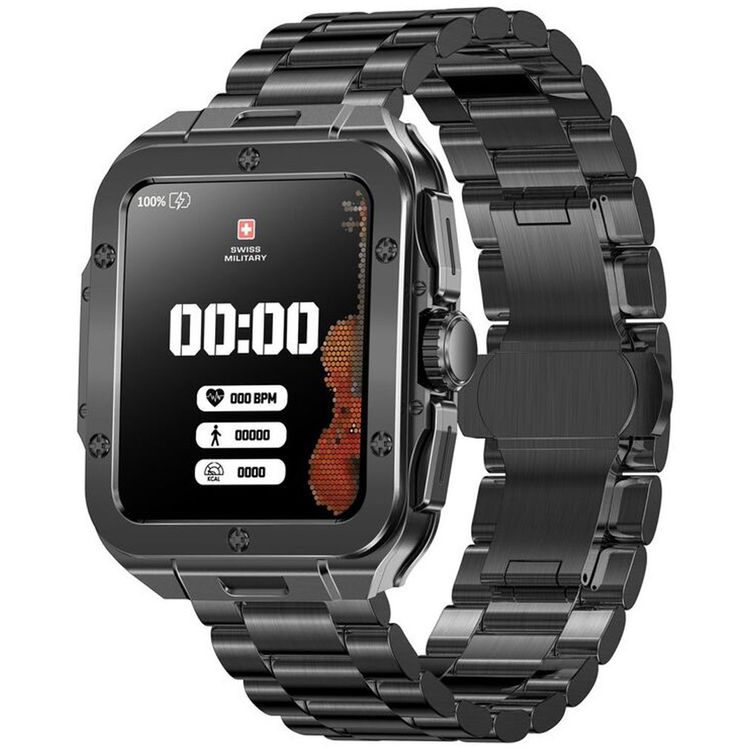 Swiss Military Alps 2, 1.85" HD Display, 4GB Built-in Memory, Workout Detection, Blood Pressure & Oxygen Level Monitoring, Make and Receive Calls - Gunmetal Frame and Gun Stainless Steel Strap  
