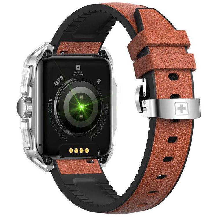 Swiss Military Alps 2, 1.85" HD Display, 4GB Built-in Memory, Workout Detection, Blood Pressure & Oxygen Level Monitoring, Make and Receive Calls - Silver Frame and Brown Leather Strap