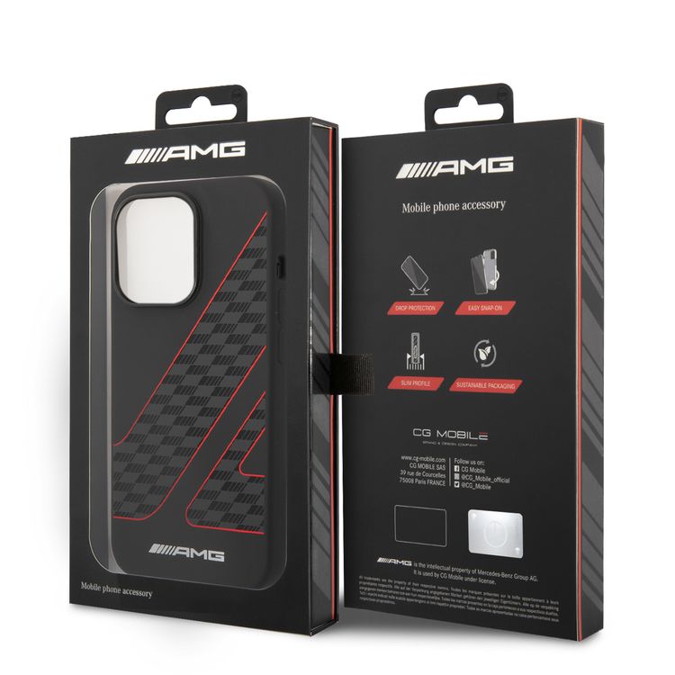 جراب AMG Magsafe متوافق مع طبقة مزدوجة ونمط علم مربعات وغطاء صلب شفاف متوافق مع iPhone 14 Pro  - أسود/أحمر