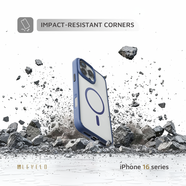 حافظة Levelo MagSafe Solo لهاتف iPhone 16 Pro، تقنية Clearview، مقاومة للخدش 3H، هيكل هجين - أزرق غامق