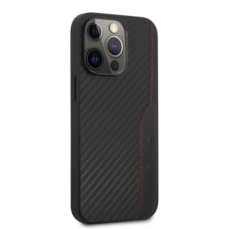 CG MOBILE AMG Hard Case with PU Carbon Effect Leather & Red Stitching Line Hot Stamped Logo Compatible for iPhone 13 Pro Max (6.7") Easy Access to All Ports