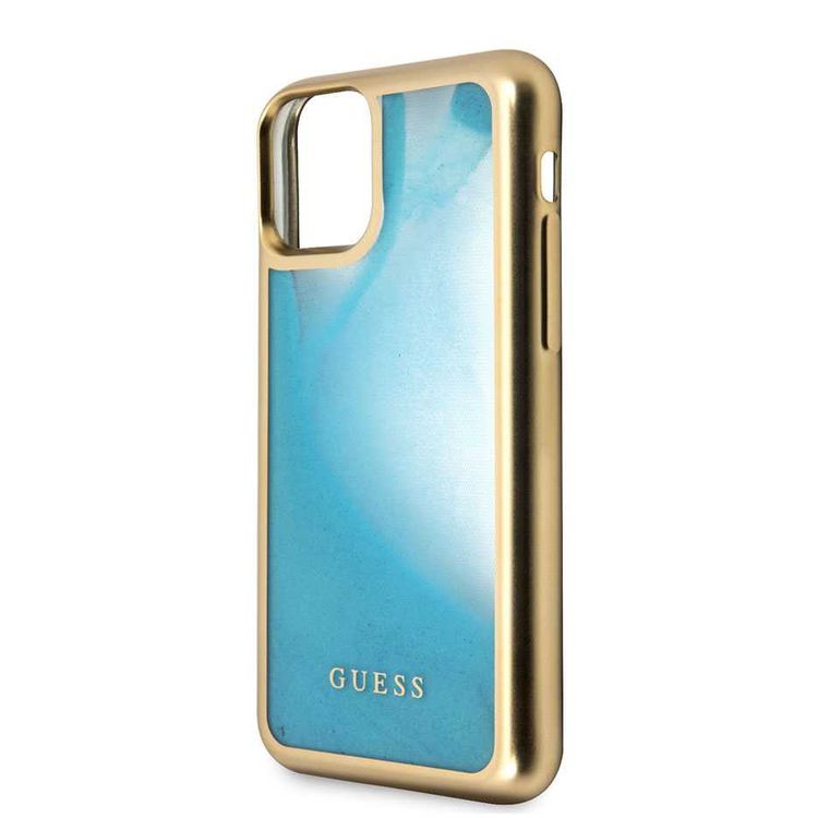 CG MOBILE Guess Glow Dark TPU Case Compatible with iPhone 11 Pro, Fit & Lightweight, Supports Wireless Charger, Easy Access to All Ports, Officially Licensed - Matte Gold/Blue
