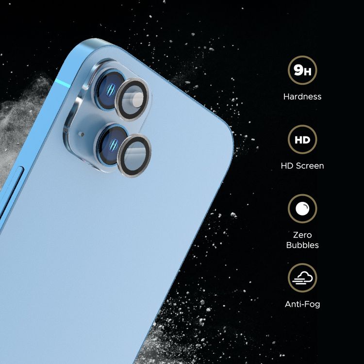 حامي عدسة LEVELO Lucent Duo متوافق مع iPhone 13 Mini و 13 (قطعتان)، صلابة 9H، خالٍ من الفقاعات، فائق النحافة وذو تغطية كاملة، حامي عدسة الكاميرا، مقاوم للخدش - فضي