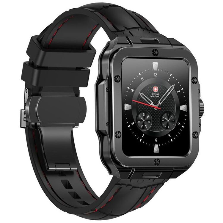 ساعة سويس ميليتاري ألبس 2، شاشة عالية الدقة مقاس 1.85 بوصة، ذاكرة مدمجة 4 جيجابايت، اكتشاف التمرين، مراقبة ضغط الدم ومستوى الأكسجين، إجراء واستقبال المكالمات - إطار معدني وحزام سيليكون أسود