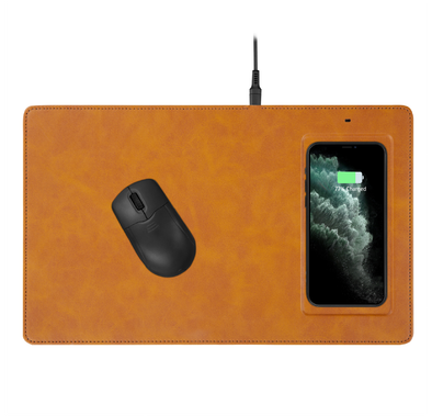 Powerology PU Leather Qi Wireless Charging Mouse Pad 10W, Case-Friendly, Fast Wireless Charging Mouse Mat Compatible for 12/12 Pro/12 Pro Max/11/11 Pro/11 Pro Max, Samsung Galaxy S10/S9/S8/Note 10 - Cognac