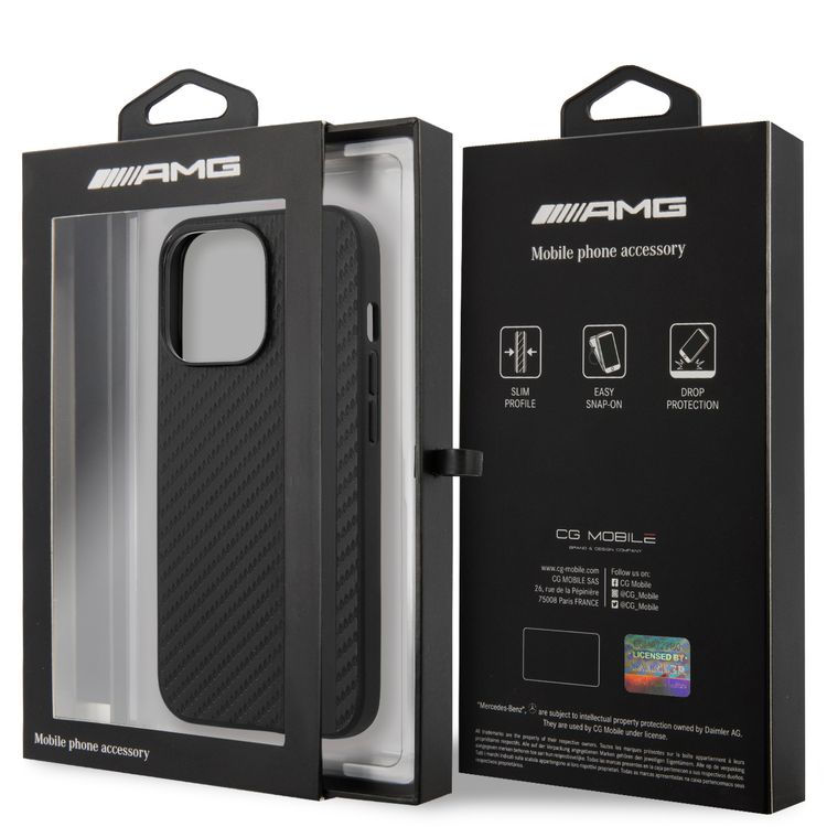 CG MOBILE AMG PC/TPU Case with PU Carbon Effect Gray Leather Stripe & Hot Stamped Logo Compatible for iPhone 13 Pro Max (6.7") Easy Access to All Ports, Shock-Absorption, Anti-Scratch, & Drop Protection Back Cover Suitable with Wireless Charging Officially Licensed
