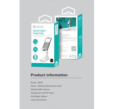 Devia Desktop Tablet Phone Stand, Adjustable, Lazy Stand, Anti-Slip Design, Safe & Secured, Portable Stand for Smartphones, Tablet, etc., Bedside, Office, Kitchen Table - White