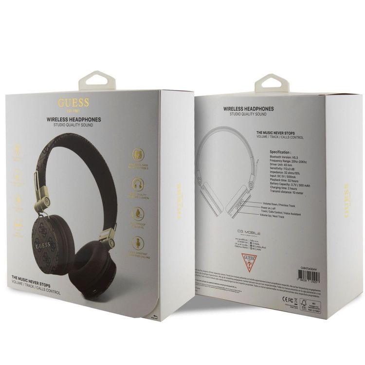 Guess سماعات رأس لاسلكية 4G جلد PU مع شعار معدني - بني