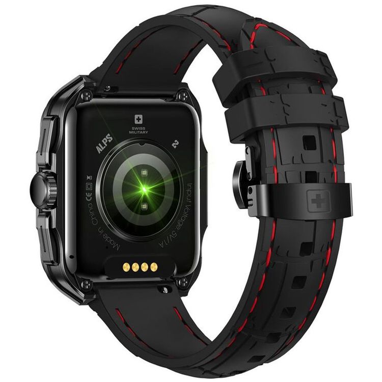 ساعة سويس ميليتاري ألبس 2، شاشة عالية الدقة مقاس 1.85 بوصة، ذاكرة مدمجة 4 جيجابايت، اكتشاف التمرين، مراقبة ضغط الدم ومستوى الأكسجين، إجراء واستقبال المكالمات - إطار معدني وحزام سيليكون أسود