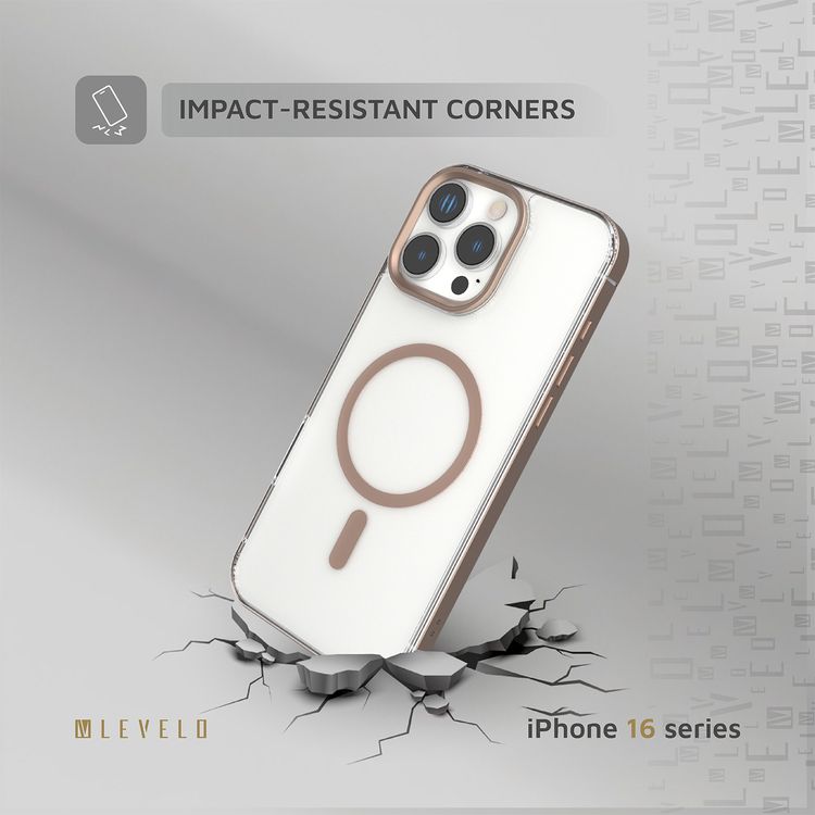 كفر حماية Levelo Claire Magsafe مع حفاظ ممتص للصدمات من الألومنيوم لهاتف iPhone 16 Pro Max، حفاظ هجين، متوافق مع MagSafe - تيتانيوم ذهبي وردي