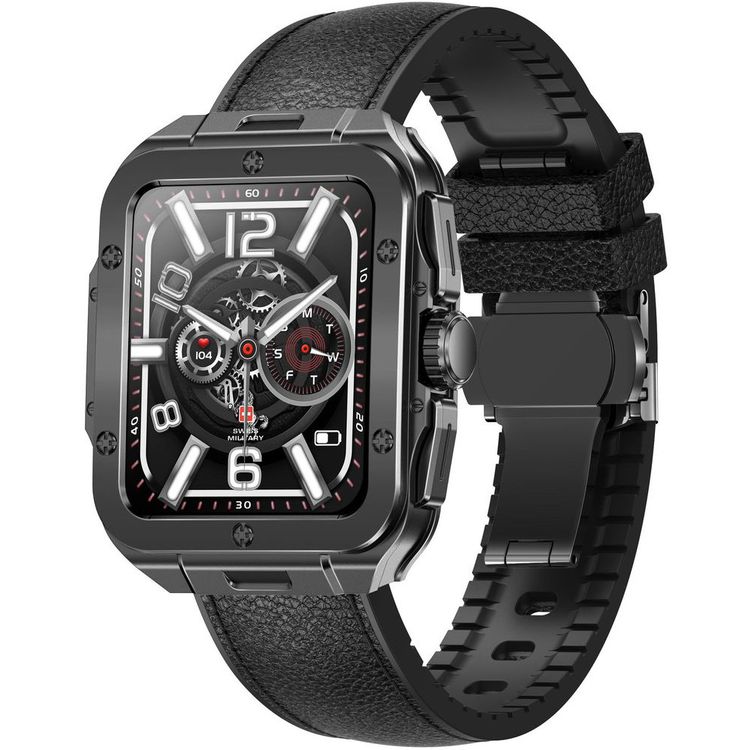 Swiss Military Alps 2, 1.85" HD Display, 4GB Built-in Memory, Workout Detection, Blood Pressure & Oxygen Level Monitoring, Make and Receive Calls - Gunmetal Frame and Black Leather Strap