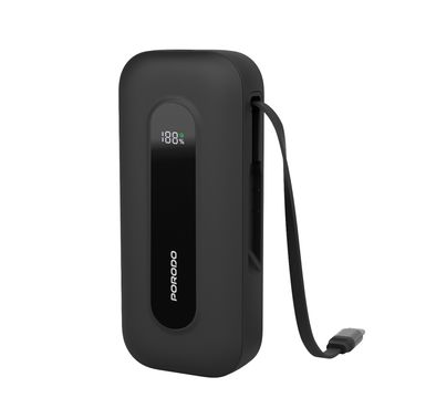 Porodo 10000mAh Power Bank with Type-C Port & Integrated Type-C Cable, Digital Display, PD 30W, Lightweight & Portable - Black
