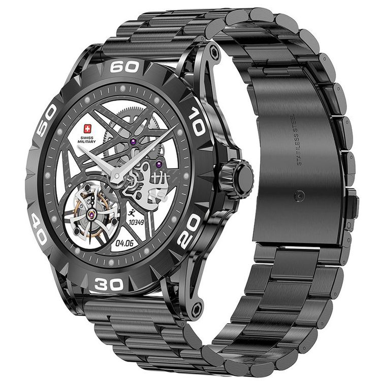 Swiss Military Dom2, up to 7 Days Battery Life, Receive & Make Calls, Heart Rate & Blood Pressure & Oxygen Level Monitoring, iOS & Android - Black with Metal Strap