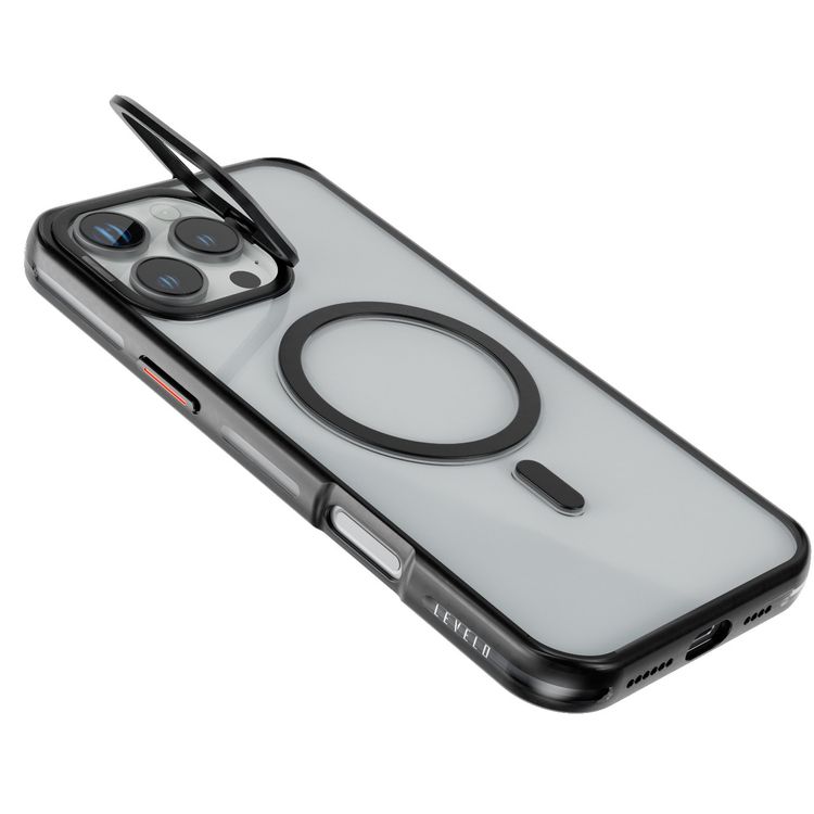 كفر حماية Levelo Elio PC مع حامل حلقي للكاميرا لهاتف iPhone 16 Pro، حامل مدمج، متوافق مع MagSafe - أسود 