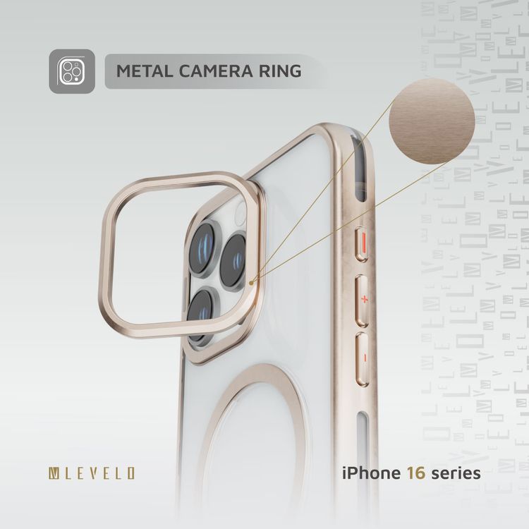 Levelo Elio PC Case with Camera Ring Stand for iPhone 16 Pro, Built-in Kickstand, MagSafe Compatible - Rose Gold Titanium