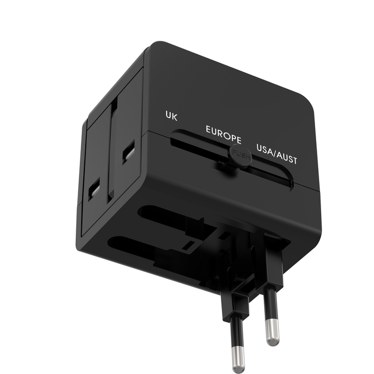 مهايئ سفر عالمي بورودو بلو ثنائي USB-A، مزود بميزات أمان مدمجة، طاقة إخراج عالية، توافق واسع - أسود