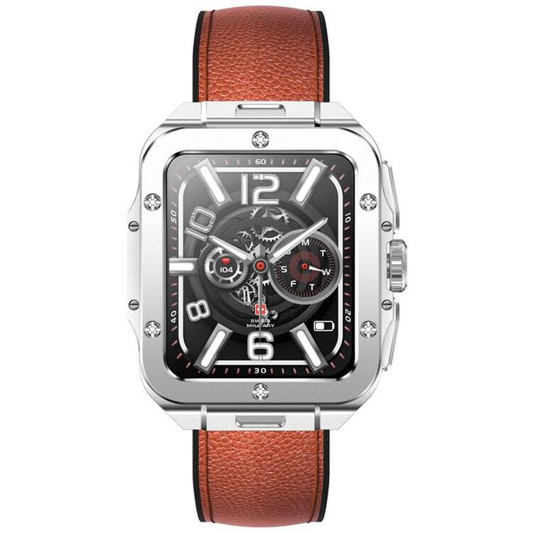 Swiss Military Alps 2, 1.85" HD Display, 4GB Built-in Memory, Workout Detection, Blood Pressure & Oxygen Level Monitoring, Make and Receive Calls - Silver Frame and Brown Leather Strap