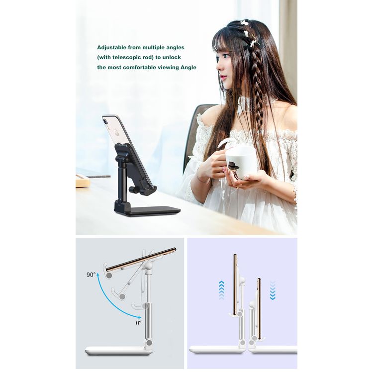 Devia Desktop Tablet Phone Stand, Adjustable, Lazy Stand, Anti-Slip Design, Safe & Secured, Portable Stand for Smartphones, Tablet, etc., Bedside, Office, Kitchen Table - White