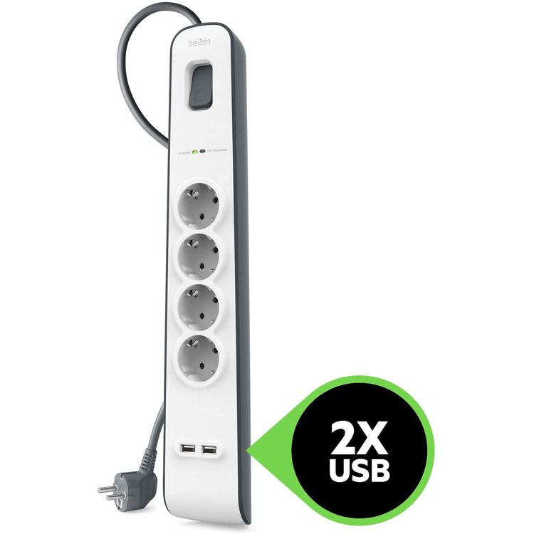 Belkin Surge Plus Protector with 2 USB Port (2.4A) & 4 Outputs EU with Indicator Light, Modern Design Extension, Touch Protection, Universal Socket - White