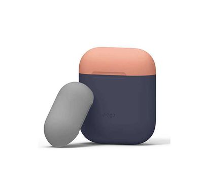 Elago Duo Case for Airpods, 3-in-1 Pastel Color, High Quality Silicone, Shock Resistant, Scratch Resistant, Supports Wireless Charging - Body-Jean Indigo / Top-Peach, Gray
