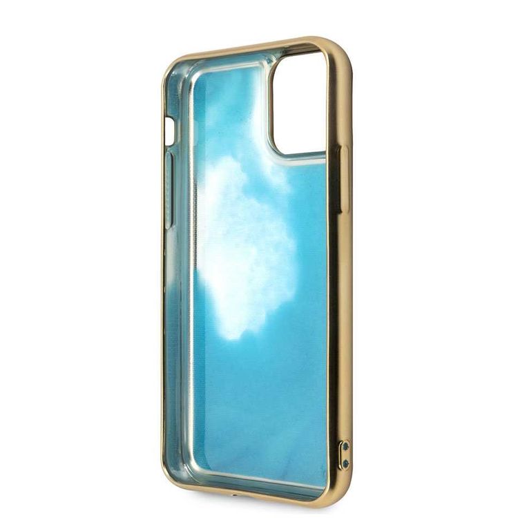 CG MOBILE Guess Glow Dark TPU Case Compatible with iPhone 11 Pro, Fit & Lightweight, Supports Wireless Charger, Easy Access to All Ports, Officially Licensed - Matte Gold/Blue