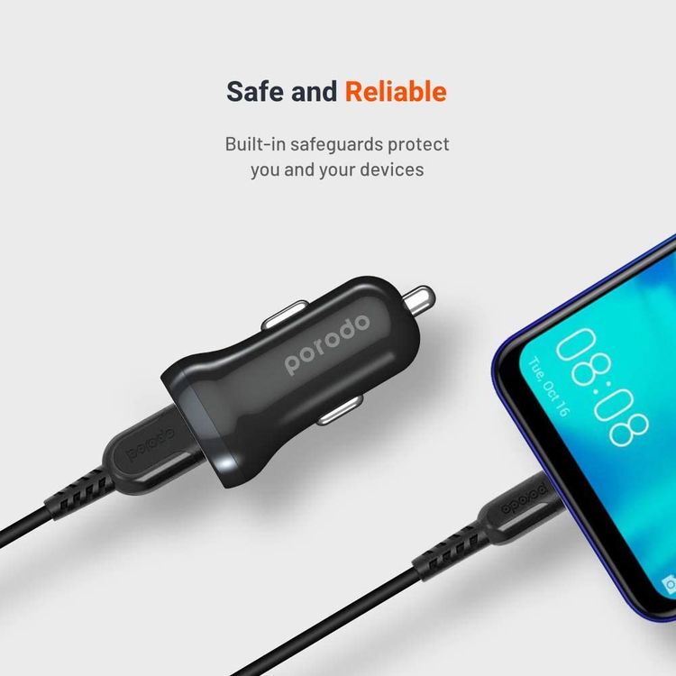  شاحن سيارة صغير مزدوج المنفذ من بورودو 2.4 أمبير ، محول سيارة نحيف ومضغوط مع مؤشر طاقة وشحن سريع ، توافق عالمي ، آمن وموثوق - أسود