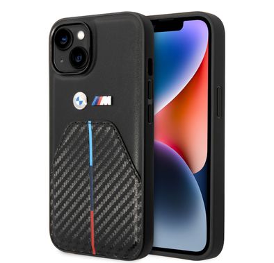 BMW M Collection Quilted PU Carbon Case with Hot Stamped Tricolor Stripe & Metal Logos iPhone 14 Compatibility - Black