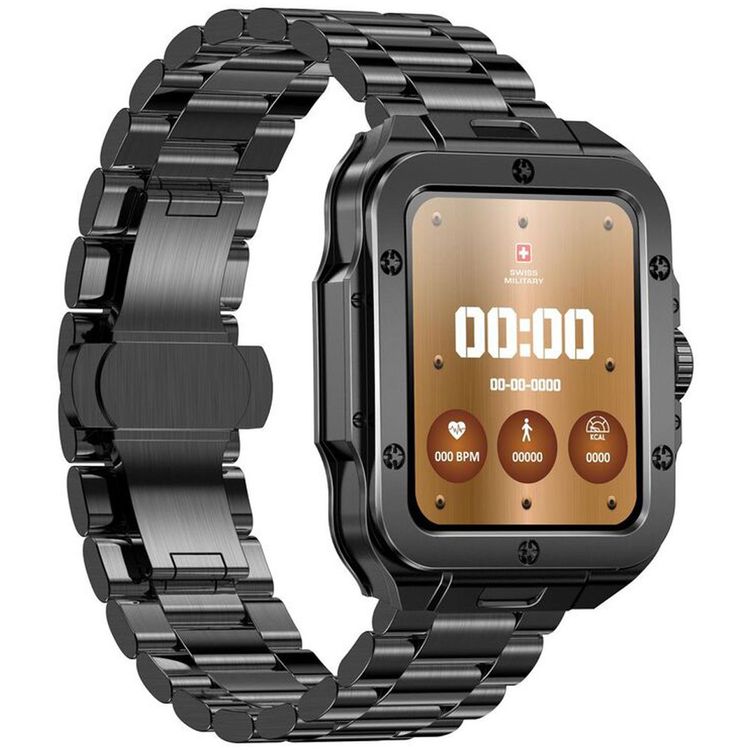 Swiss Military Alps 2, 1.85" HD Display, 4GB Built-in Memory, Workout Detection, Blood Pressure & Oxygen Level Monitoring, Make and Receive Calls - Gunmetal Frame and Gun Stainless Steel Strap  
