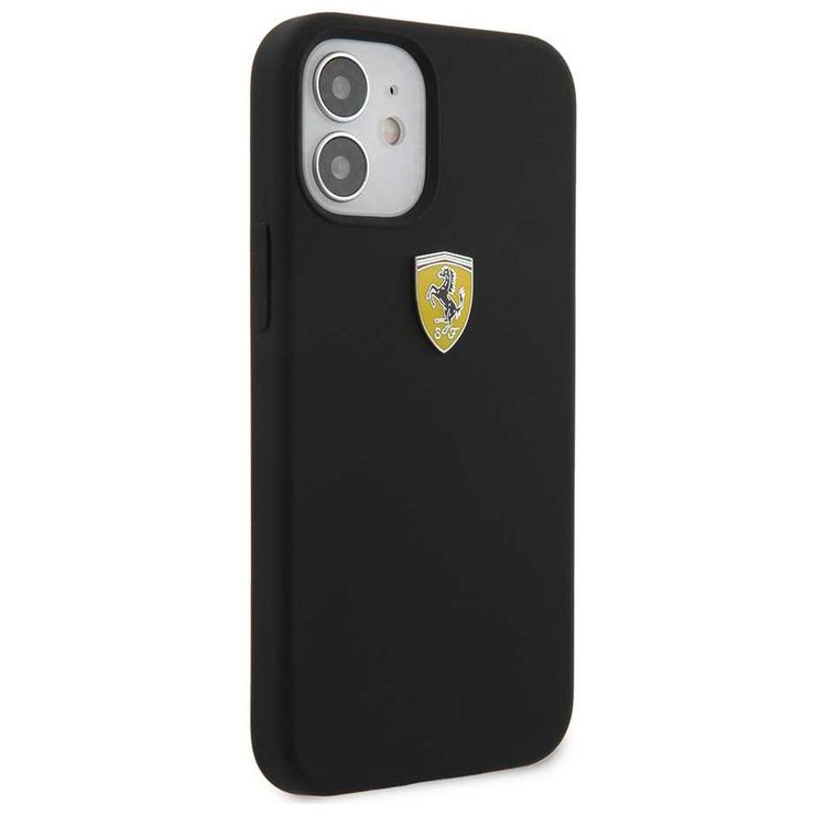 CG Mobile Ferrari On Track Liquid Silicone Case Metal Logo for iPhone 12 Mini (5.4") Officially Licensed, Premium Silicone Case, Shock Resistant, Scratches Resistant - Black