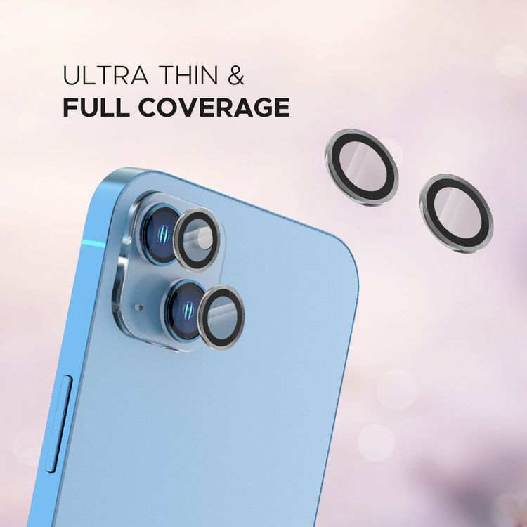 حامي عدسة LEVELO Lucent Duo متوافق مع iPhone 13 Mini و 13 (قطعتان)، صلابة 9H، خالٍ من الفقاعات، فائق النحافة وذو تغطية كاملة، حامي عدسة الكاميرا، مقاوم للخدش - فضي