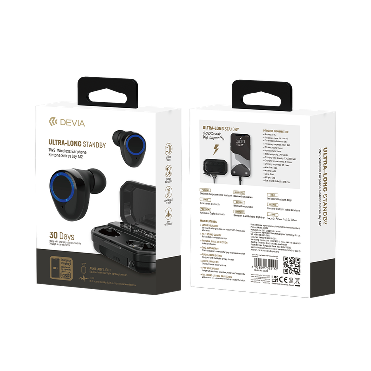 Devia Kintone Series Joy A12 Ultra Long Standby TWS Wireless Earphone - Black