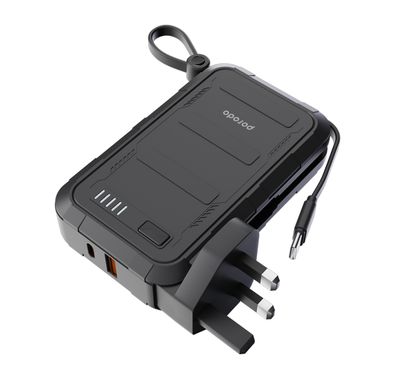  Porodo 10000mAh PPS Wall Charger Power Bank with Integrated Type-C & Lightning Cable, PD 20W, 22.5W USB-A Output, 10W Lightning, Simultaneous Charging - Black