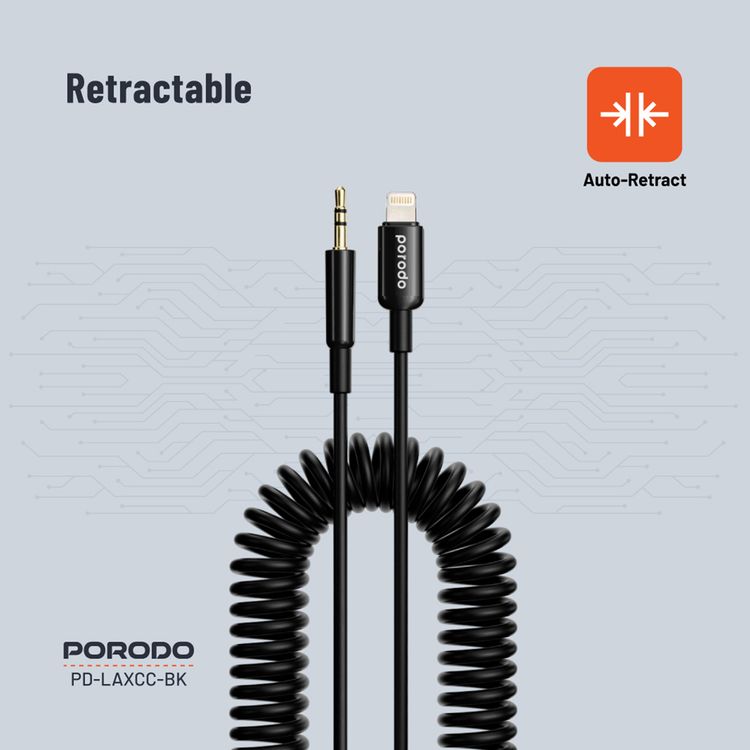Porodo 3.5mm Lightning AUX Coiled Audio Cable Convenient Tangle-Free Design 1.2m/4ft, Lightning to AUX, Universal Compatibility, Auto Retractable - Black