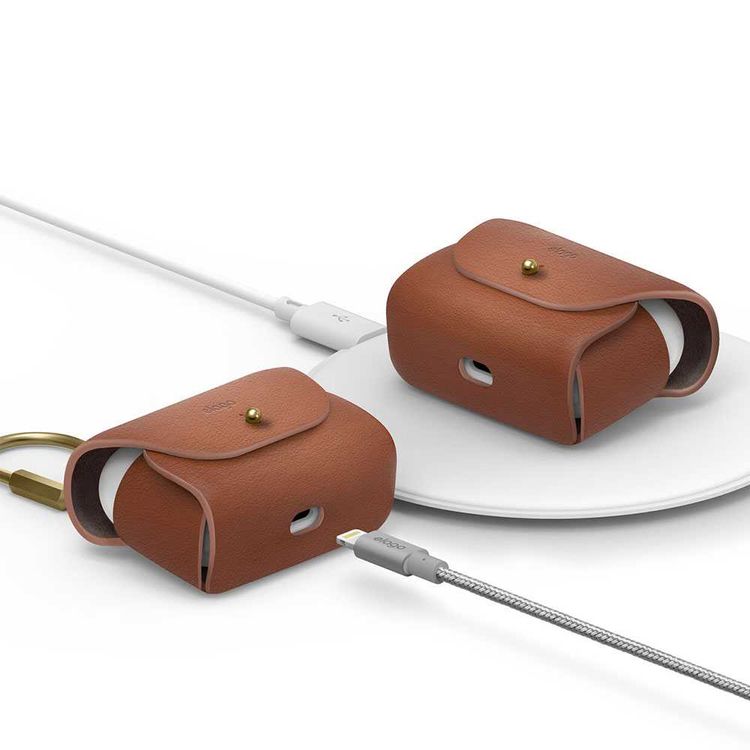 Elago Genuine Leather Case Compatible with Apple Airpods Pro, Vintage Design, Supports Wireless Charging, Brass Ring Holder, Anti-Slip Case, Shock Proof, Bring as Keychain - Brown