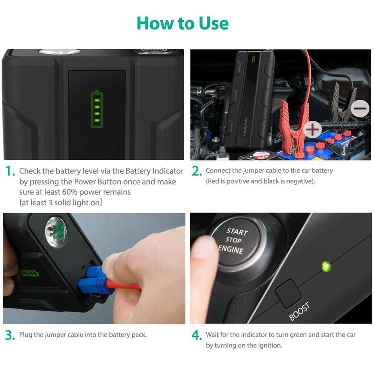 راف باور شاحن متنقل للسيارة بقوة 14000 مللي أمبير في الساعة 1000 أمبير بنك طاقة بريطاني مع مصباح LED وشاشة LCD ذكية - شحن سريع 3.0 مع تقنية iSmart - حماية 360 درجة - أسود