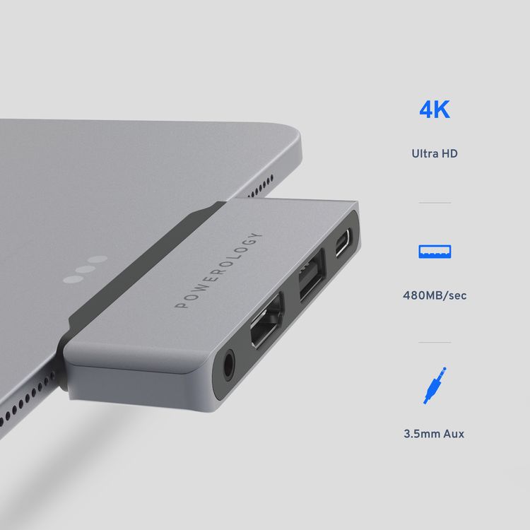 محول Powerology USB C Hub 4 في 1 Pro - رمادي