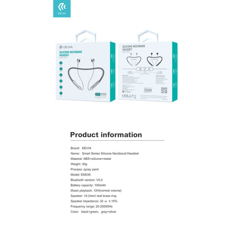 Devia Smart Series Silicone Neckband Headset | Ergonomic Design Bluetooth Headset - Gray / Silver