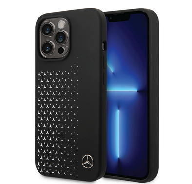 Mercedes-Benz Liquid Silicone Case with Gradient Star Horizontal Pattern iPhone 14 Pro Max Compatibility - Black