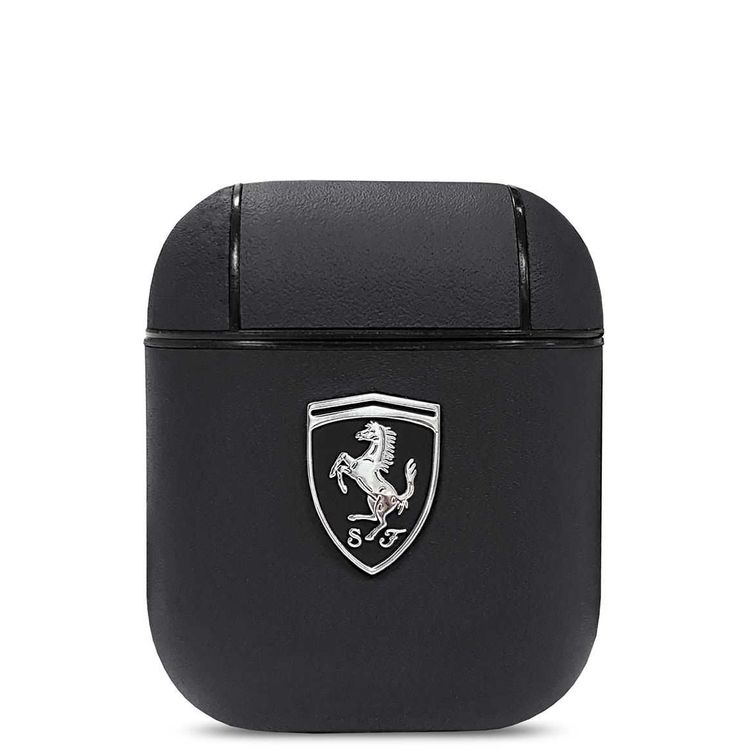 CG Mobile Ferrari PC Leather Black Shield Metal Logo Compatible for AirPods 1/2 - Black