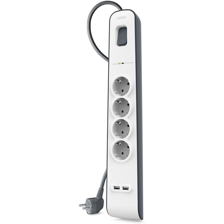 Belkin Surge Plus Protector with 2 USB Port (2.4A) & 4 Outputs EU with Indicator Light, Modern Design Extension, Touch Protection, Universal Socket - White