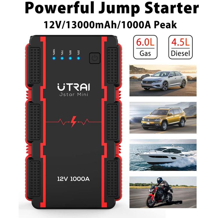 UTRAI Jstar Mini Jump Starter Car Battery, Smart Clip with Battery Detection, 12V 1000A (Up to 6.0L Gas or 4.5L Diesel Engine), Power Pack Auto Battery Booster with LED Light - Black / Red 