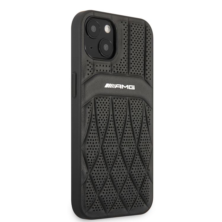 CG MOBILE AMG Genuine Leather Case With Perforated Black Leather Curved Lines Hot Stamped With Logo Compatible with iPhone 13 Pro Max (6.7") Easy Access to All Ports, Shock-Absorption, Anti-Scratch, & Drop Protection Back Cover Suitable with Wireless Charging Officially Licensed