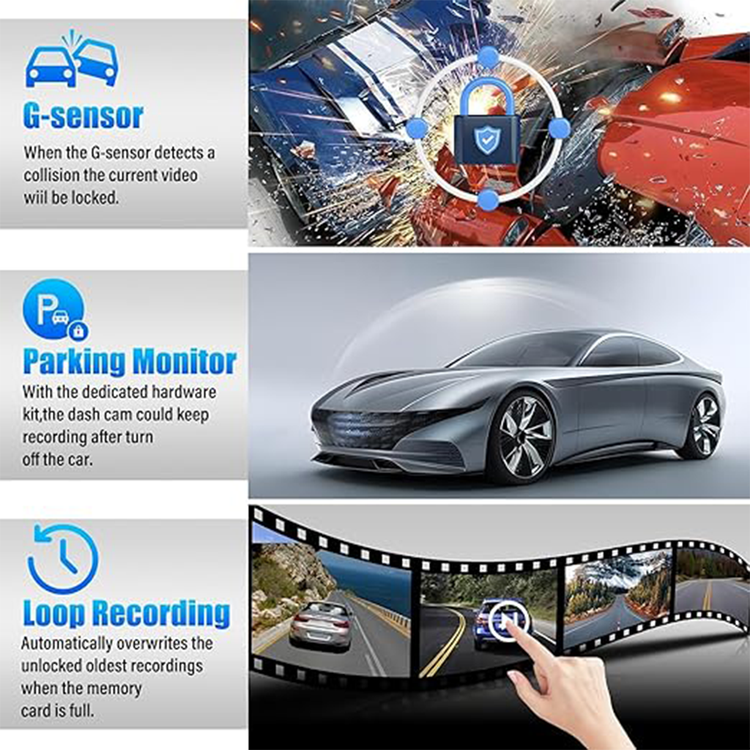 كاميرا مرآة الرؤية الخلفية الذكية ROADPOWER 4K مقاس 10 بوصات، وكاميرا أمامية للوحة القيادة، وشاشة تعمل باللمس، وكاميرا احتياطية، وشاشة مراقبة وقوف السيارات