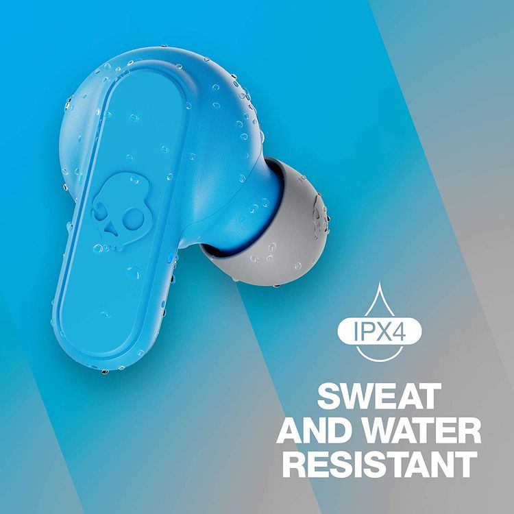 سكل كاندي دايم سماعات أذن لاسلكية حقيقية مع ميكروفون ، ومكالمات ، وتتبع ، والتحكم في مستوى الصوت ، وعمر بطارية يصل إلى 12 ساعة ، ومقاومة للعرق والماء IPX4 ، وملاءمة آمنة لعزل الضوضاء ، وسماعات توصيل تلقائي - أزرق/رمادي