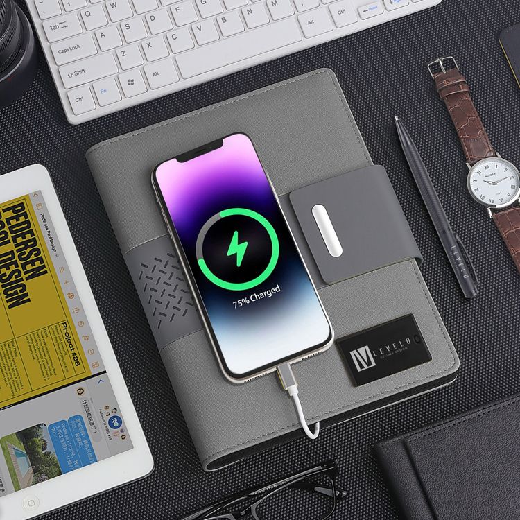 Levelo Techbook Notebook Leather Cover with 8000mAh Built-in Power Bank, Ballpoint Pen, 80pcs Paper Sheets, Loose-Leaf Binder - Gray