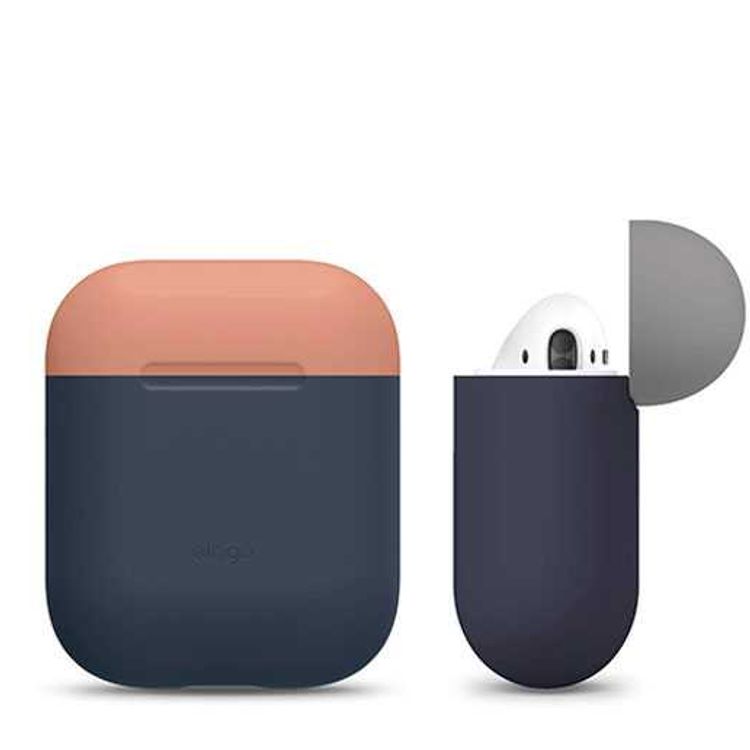 Elago Duo Case for Airpods, 3-in-1 Pastel Color, High Quality Silicone, Shock Resistant, Scratch Resistant, Supports Wireless Charging - Body-Jean Indigo / Top-Peach, Gray
