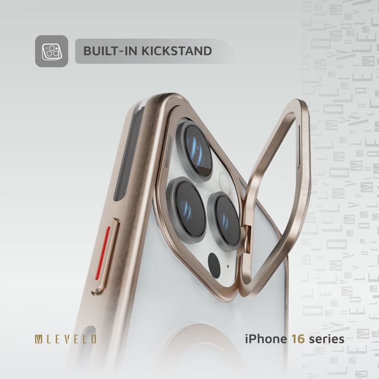 Levelo Elio PC Case with Camera Ring Stand for iPhone 16 Pro, Built-in Kickstand, MagSafe Compatible - Rose Gold Titanium