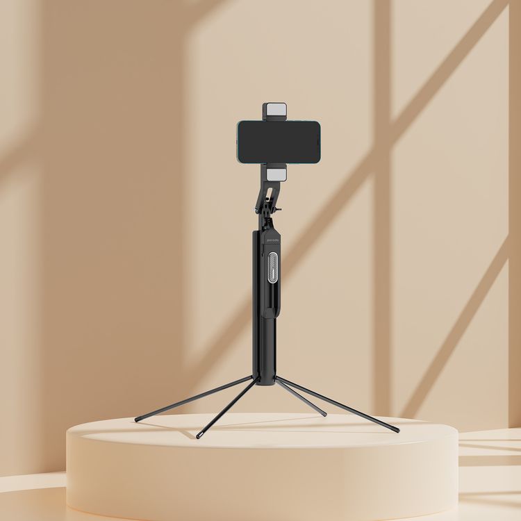 عصا سيلفي بورودو 185 سم قابلة للتمديد مع مصابيح مزدوجة قابلة للفصل، حامل ثلاثي القوائم بأربعة أرجل وجهاز تحكم عن بعد - أسود