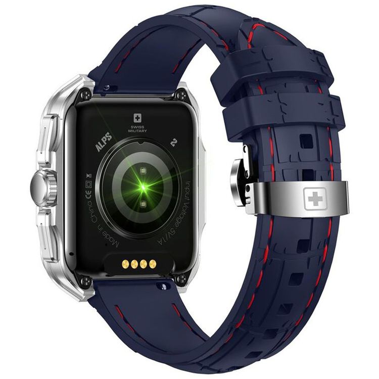 Swiss Military Alps 2, 1.85" HD Display, 4GB Built-in Memory, Workout Detection, Blood Pressure & Oxygen Level Monitoring, Make and Receive Calls - Silver Frame and Blue Silicon Strap