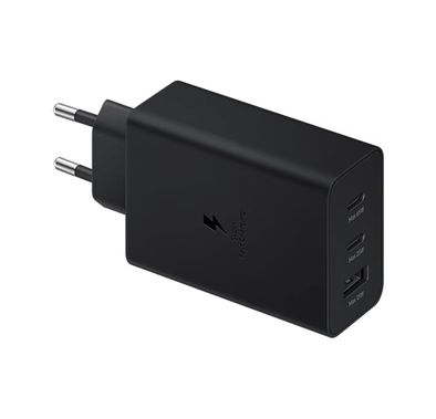 شاحن السفر سامسونج تريو 65 واط، 2 منفذ USB-C و1 منفذ USB-A، شحن سريع جداً (SFC) 2.0، جهد كهربائي مدخل 100-240 فولت، شحن متعدد الأجهزة، طرق حماية آمنة - أسود